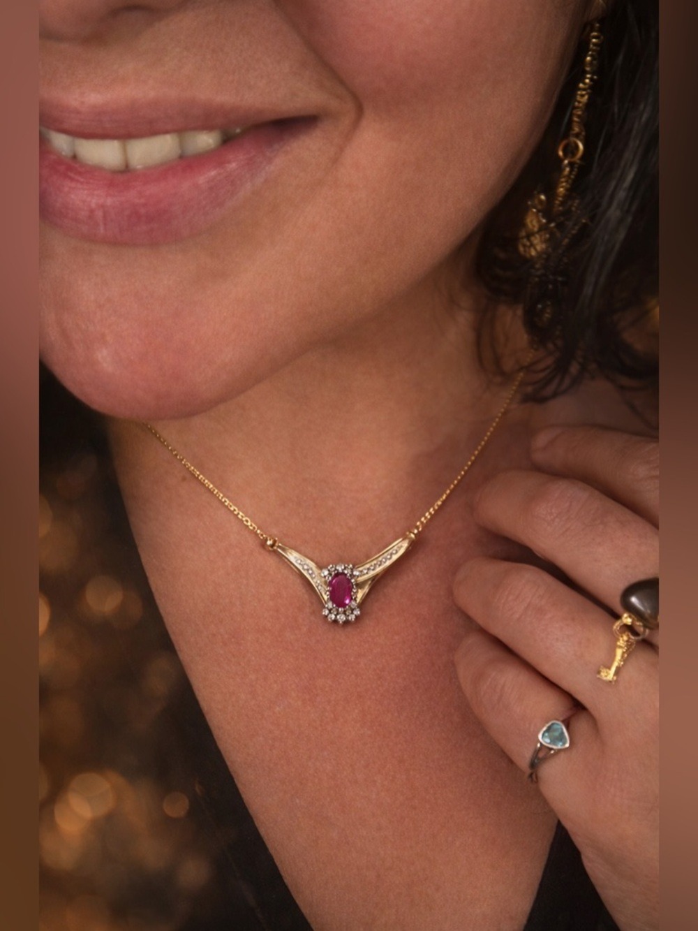 Vintage Italian ADL 10k Gold Ruby & Baguette Diamond Designer Necklace 4.3 grams - Picture 5 of 16